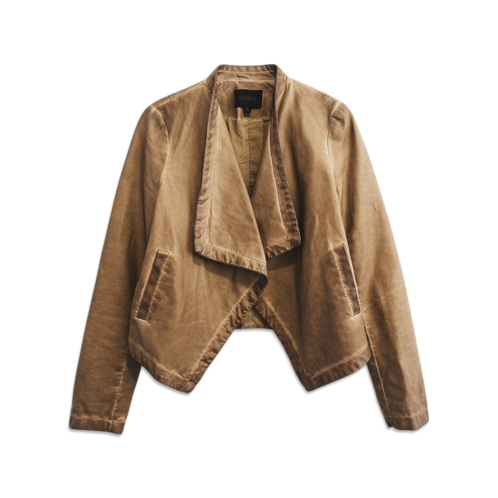 Blu Pepper Faux Leather Jacket Womens M Tan Draped Open Front Earthy Moto Boho